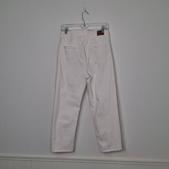 American Eagle Mom Straight Jean Sz 8 X-Short 5 Pocket Distressed Neutral Boho - Picture 7 of 16